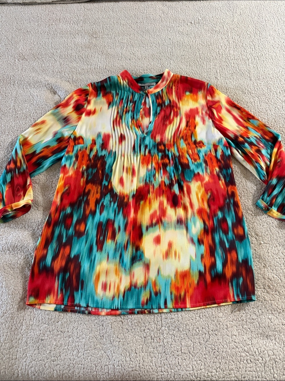 Anne Klein Red Turquoise Orange Pleated Keyhole Silk Blend Tunic Medium